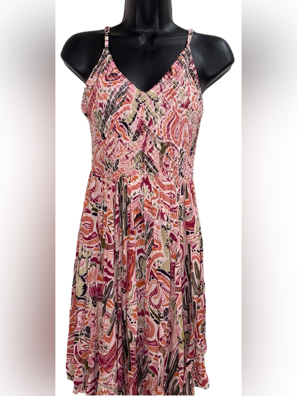 Angie Pink Multi-Print Smocked Spaghetti Strap Western Print Mini Dress⭐️NWT⭐️